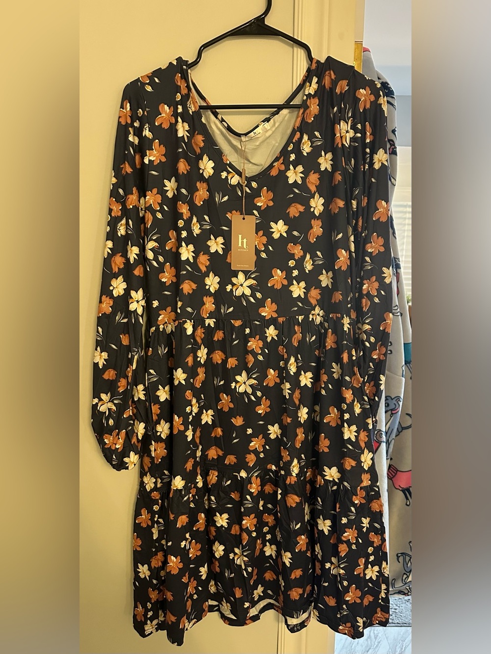 Navy Blue Floral Tiered Long Sleeve Dress with Rust & Cream Flowers